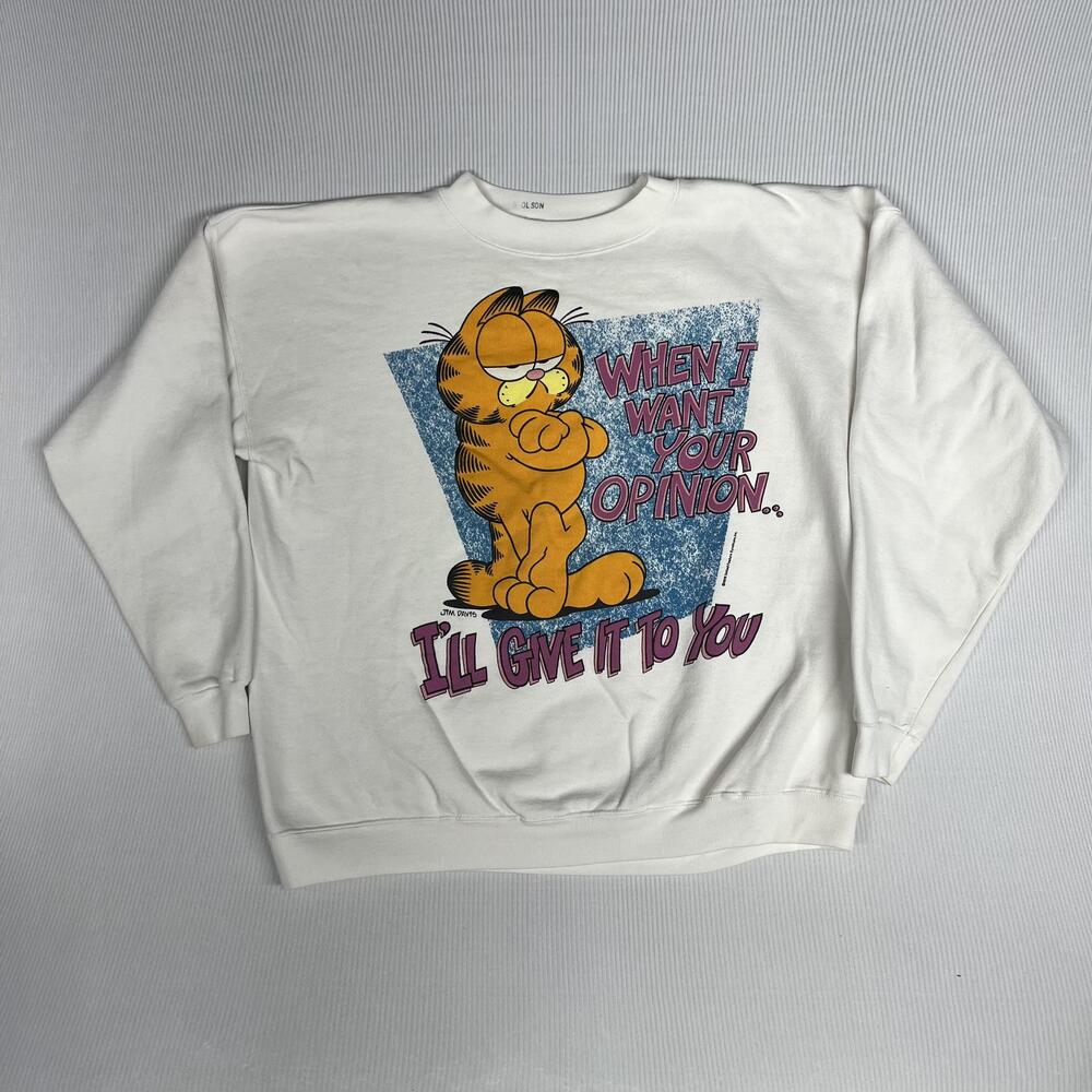 Garfield Sweatshirt Mens XL White Fleece When I Want Your Opinion Graphic